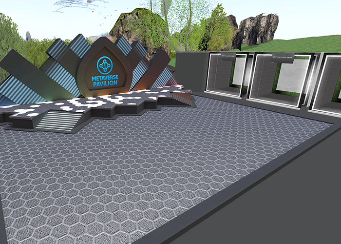 Row of neon-themed booths with visitors